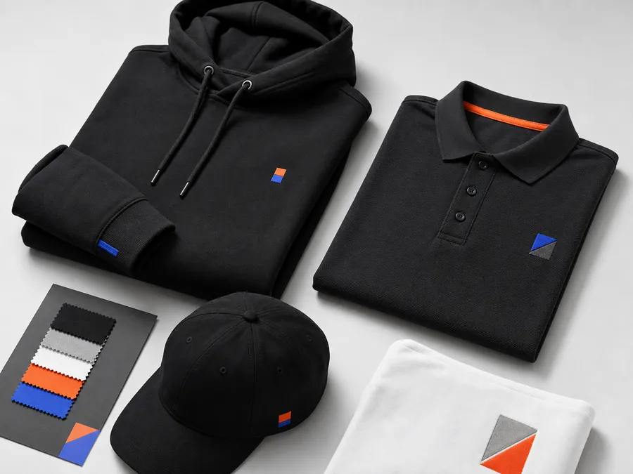 Uniformes corporativos dobrados, com moletom, polo, boné e amostras de tecido