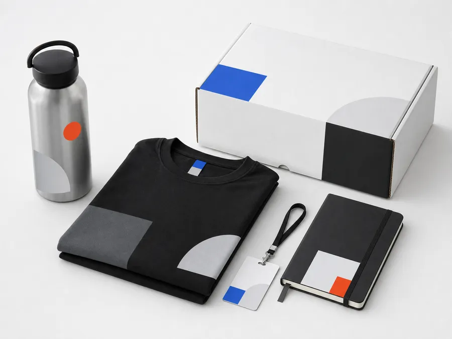 Kit corporativo com camiseta, garrafa, caderno e caixa white-label