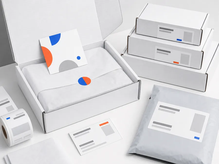 Packaging operacional com caixas, etiqueta e envelope de entrega